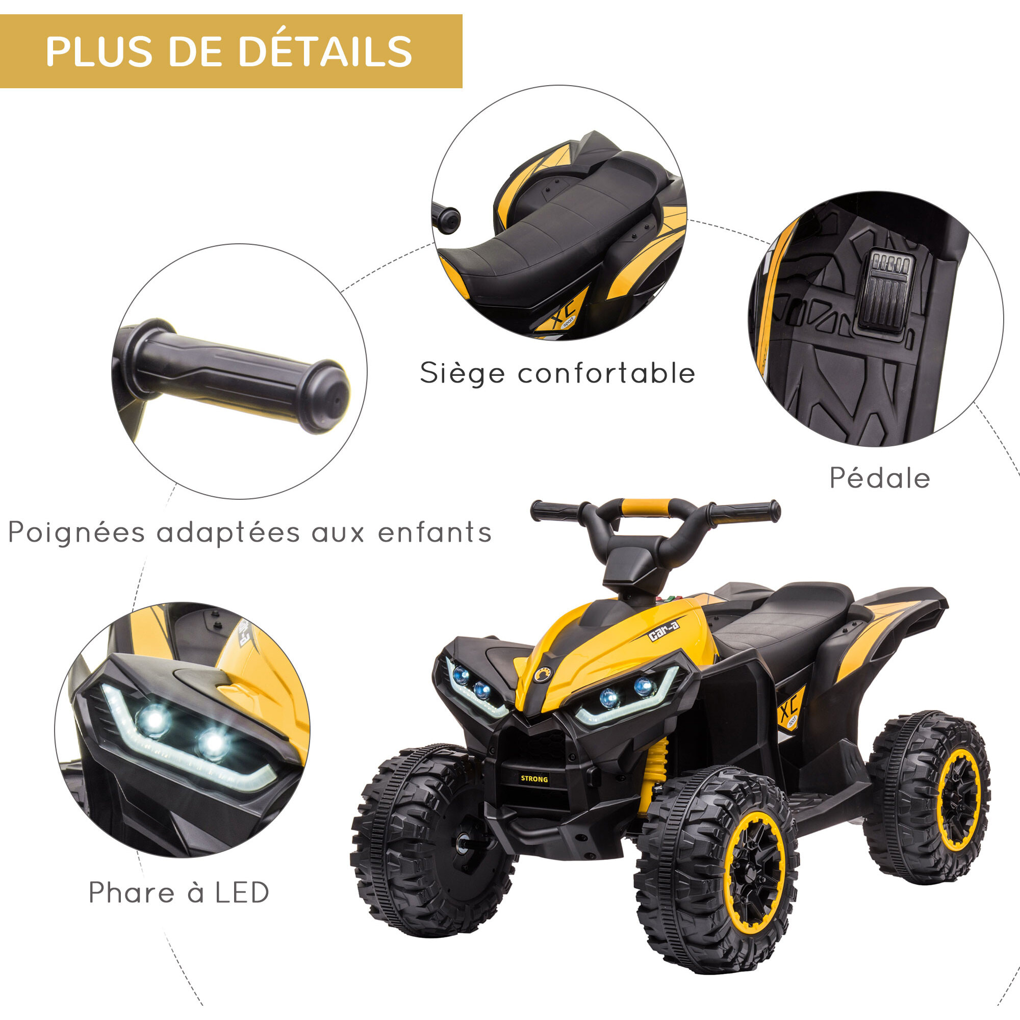 Quad buggy électrique enfant 12 V 3 Km/h max. effets lumineux et sonores jaune noir