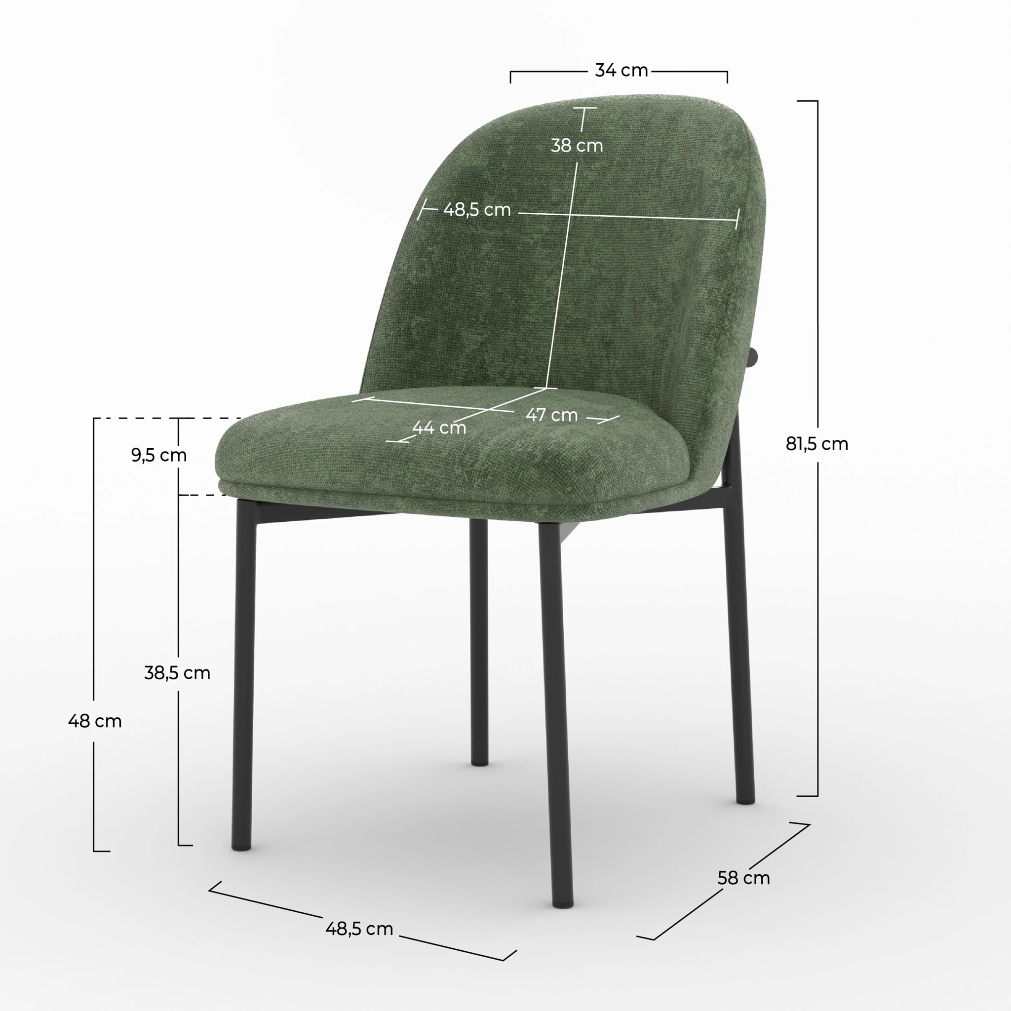 Lot de 2 chaises en tissu vert sapin et pieds métal noir - Noah