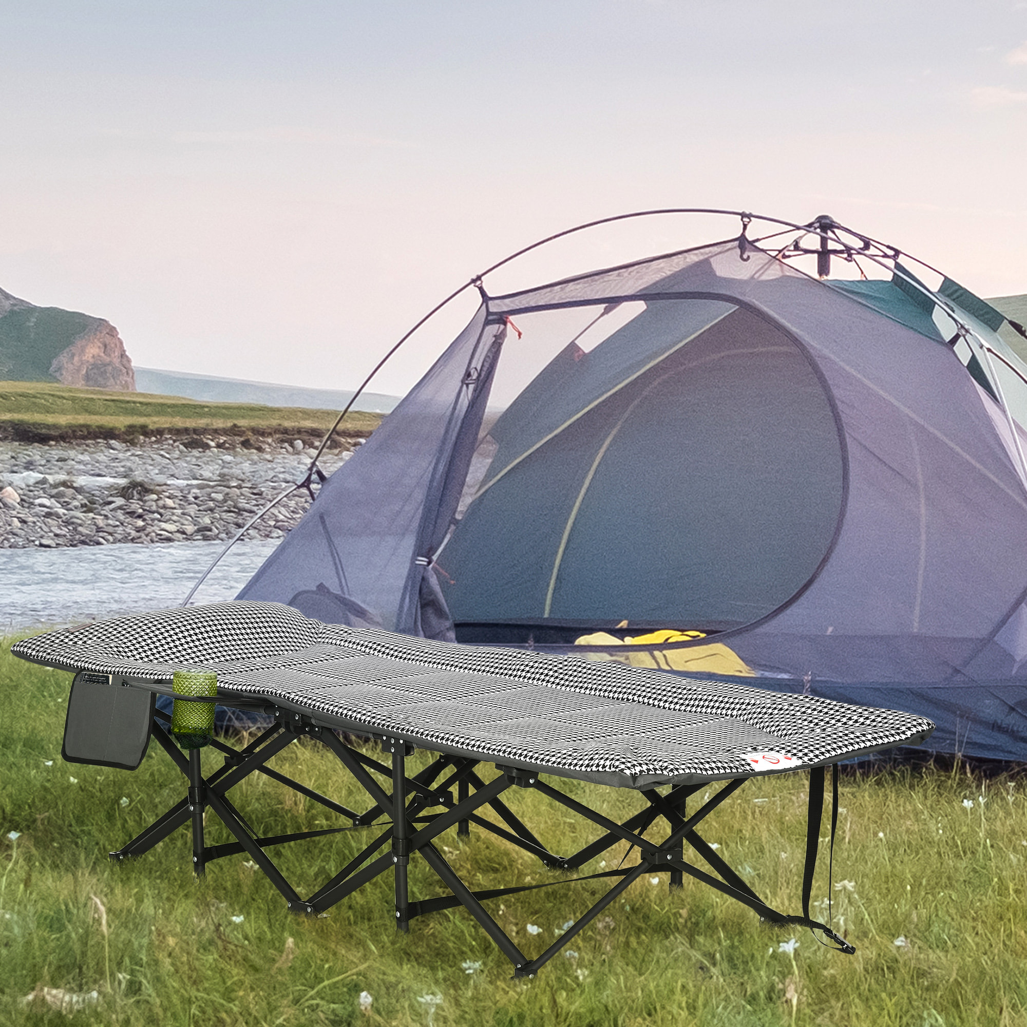 Lit de camp pliable portable design sac de transport matelas intégré motif pied-de-poule noir blanc