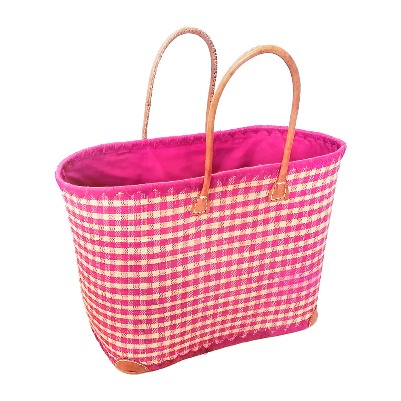 Panier artisanal de Madagascar - Carreaux GM Fuchsia avec pochon