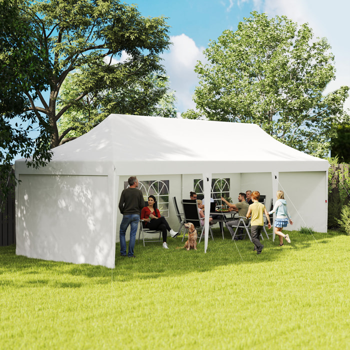 Carpa Plegable 9x3x3 m Cenador de Jardín con Altura Ajustable Paredes Laterales Ventanas Protección UV50+ Impermeable y Bolsa de Transporte Gazebo para Exterior Fiestas Camping Blanco