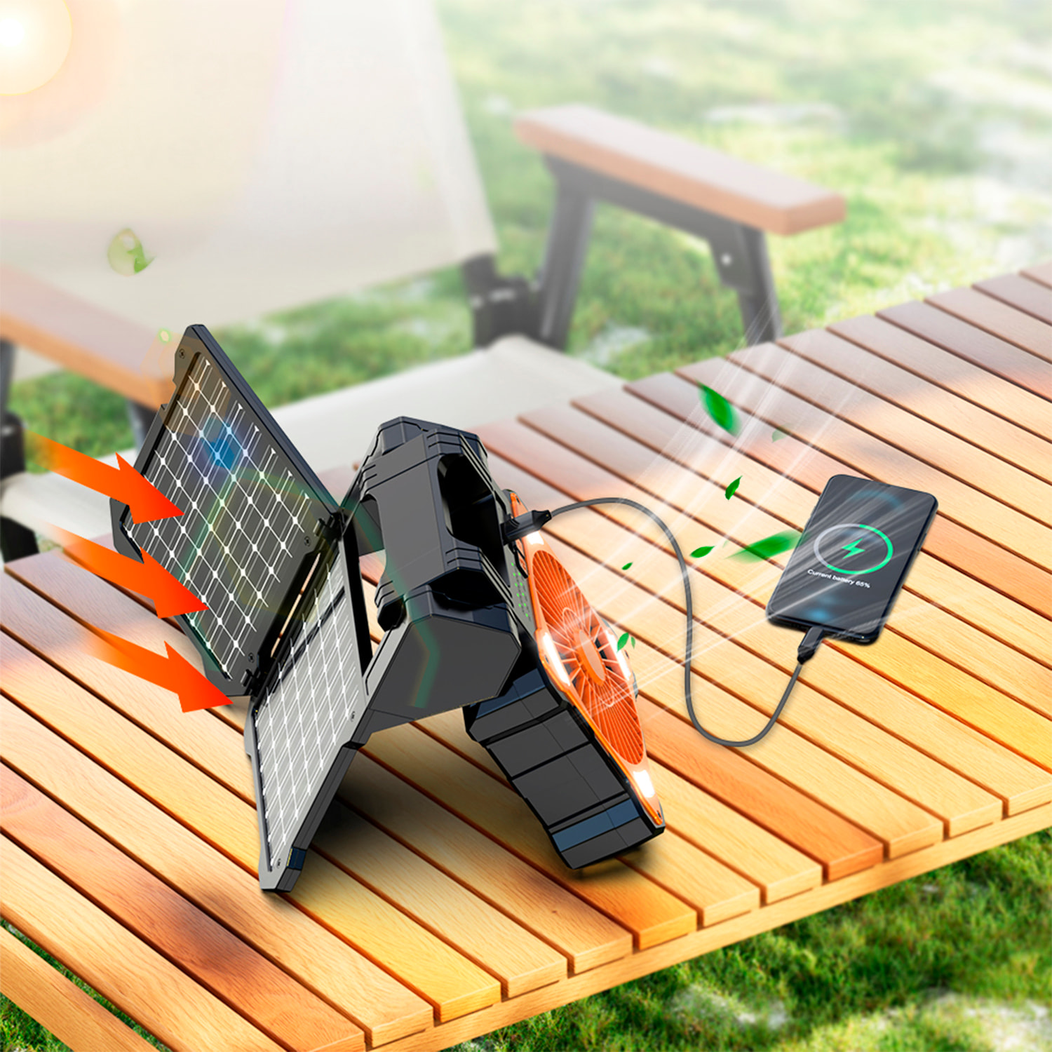 Ventilador F904 de 5 velocidades con paneles solares duales, función antimosquitos, temporizador, luz LED con 3 intensidades, 80lm y power bank de 5200mAh.