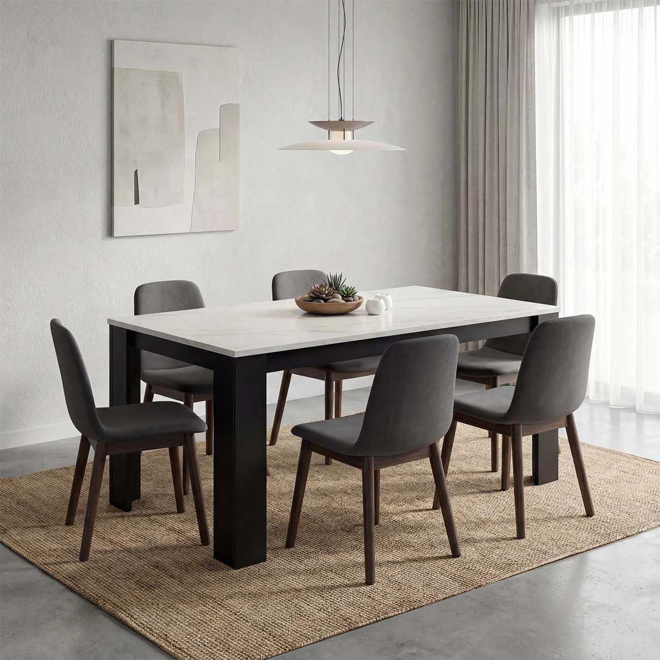 Mesa de comedor fija en negro mate y efecto mármol 140X80 cm Naya Negro Mate - Mármol Blanco Mate