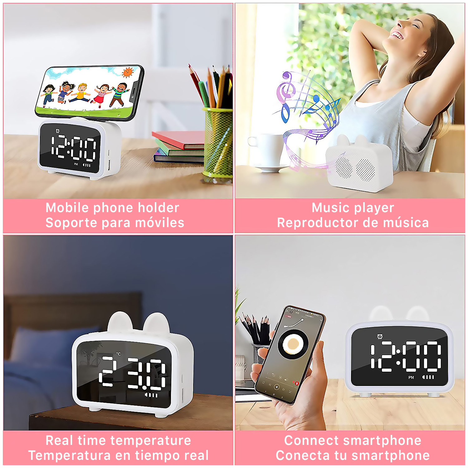 Reloj despertador LCD con altavoz incorporado, soporte de smartphone. Batería recargable.