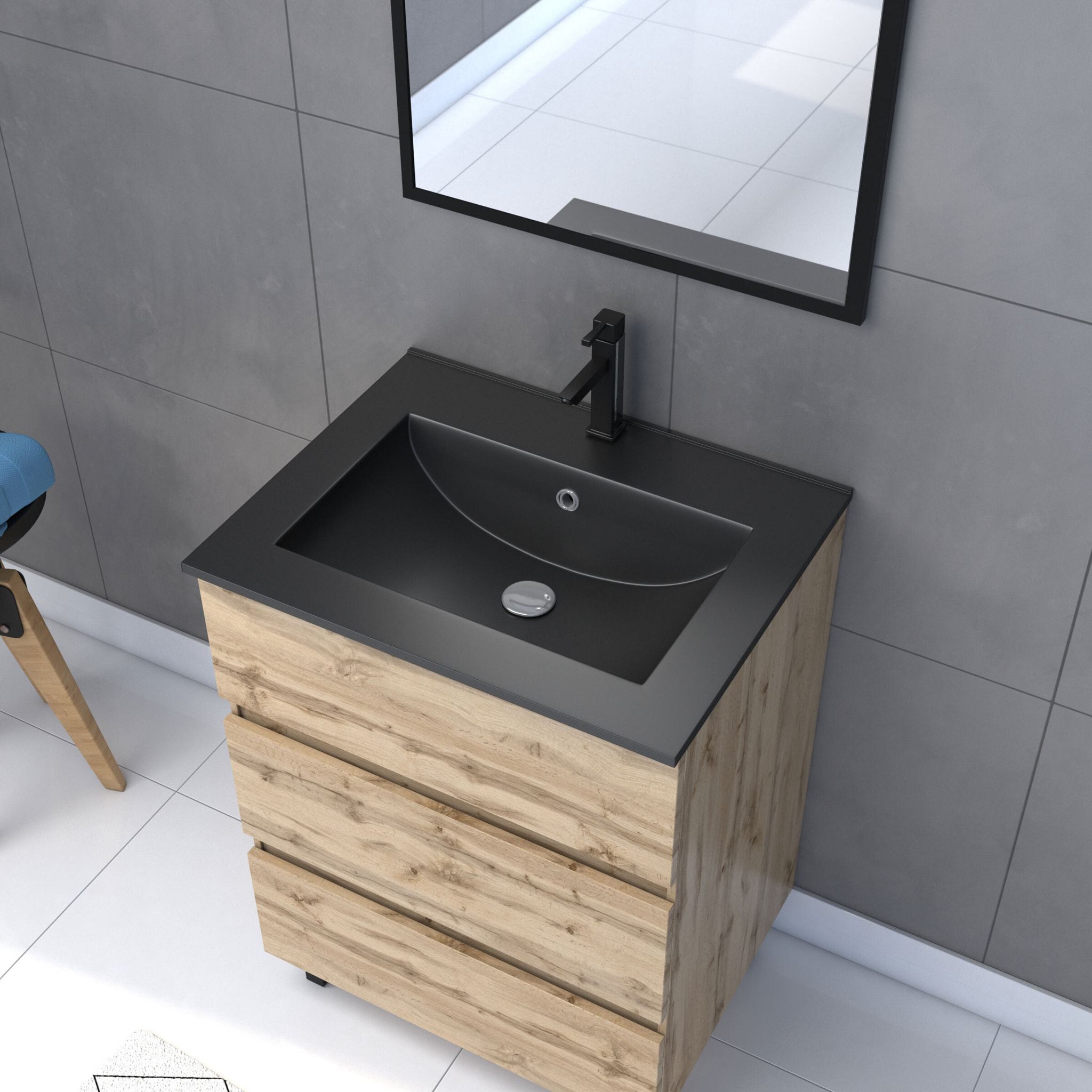 Pack Meuble SDB 60cm sur pieds 3 tiroirs Chene_Vasque noire + Miroir - TIMBER 60_Pack13