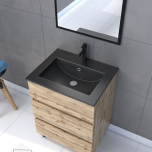 Pack Meuble SDB 60cm sur pieds 3 tiroirs Chene_Vasque noire + Miroir - TIMBER 60_Pack13