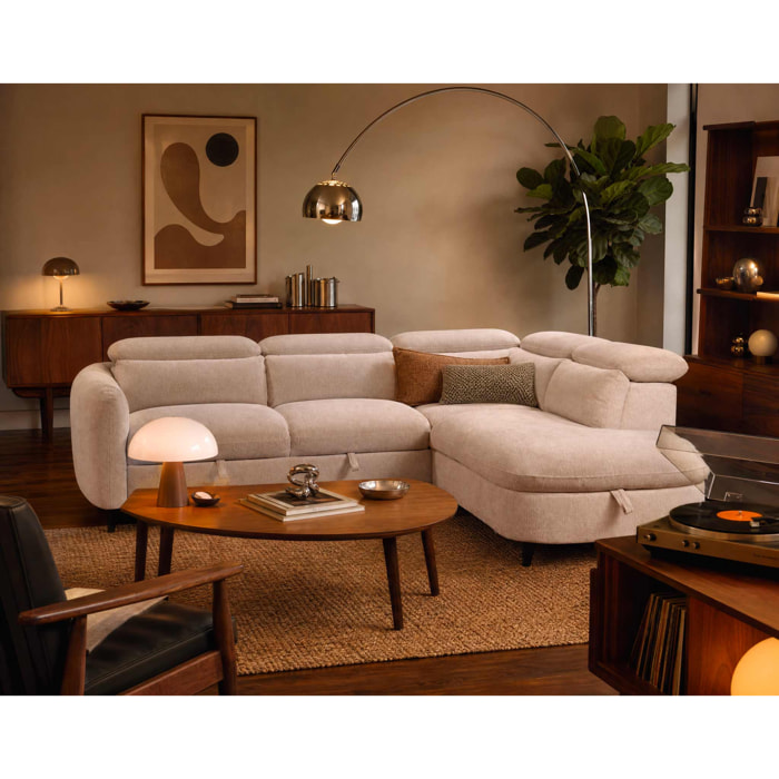 Opaline - Canapé d'angle droit 5 places convertible avec têtières et coffre en tissu texturé - Beige