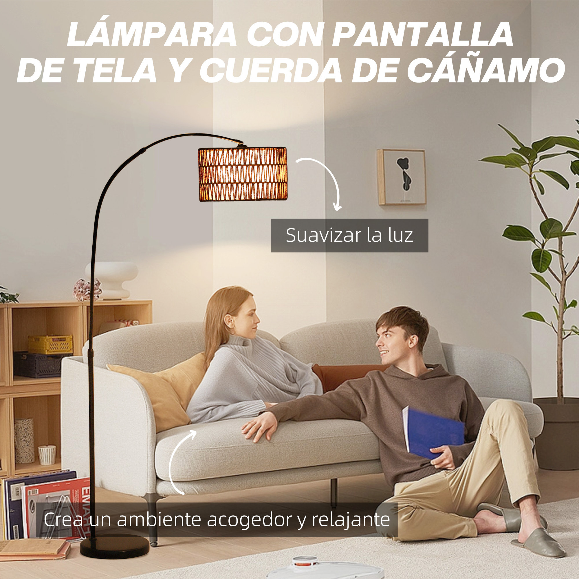 Lámpara de Pie de Arco Lámpara de Pie Salón con Altura Ajustable Pantalla de Yute Interruptor de Pie y Base de Mármol para Sala de Estar Oficina Dormitorio Negro y Marrón