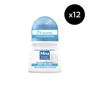 Lot de 12 - Mixa Déodorant bille 48h Anti-traces 50ml