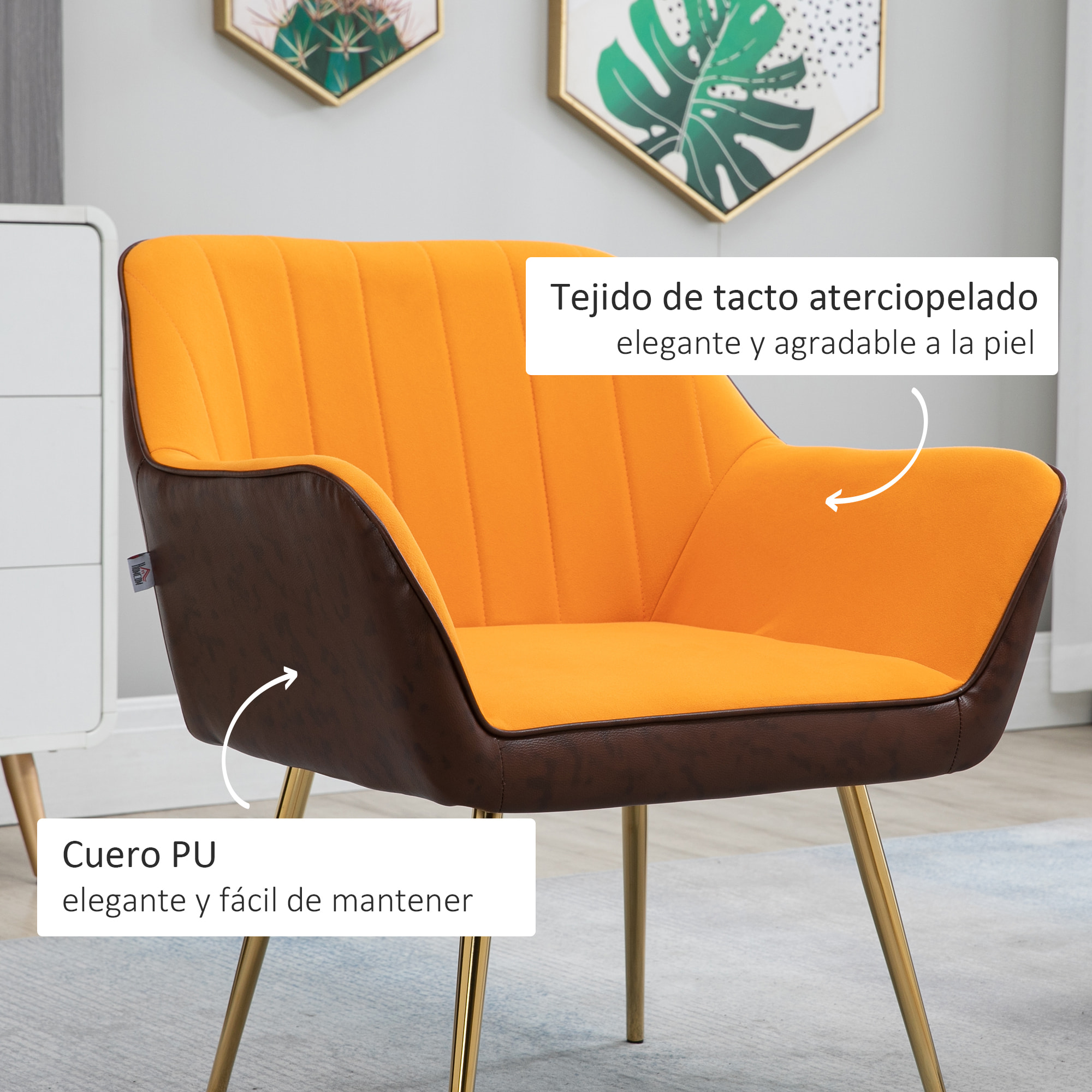 Butaca de Salón Sillón de Salón Tapizado en Cuero Sintético y Terciopelo con Reposabrazos Patas Doradas y Marco de Acero Butaca para Dormitorio Sala de Estar Carga 120 kg Amarillo