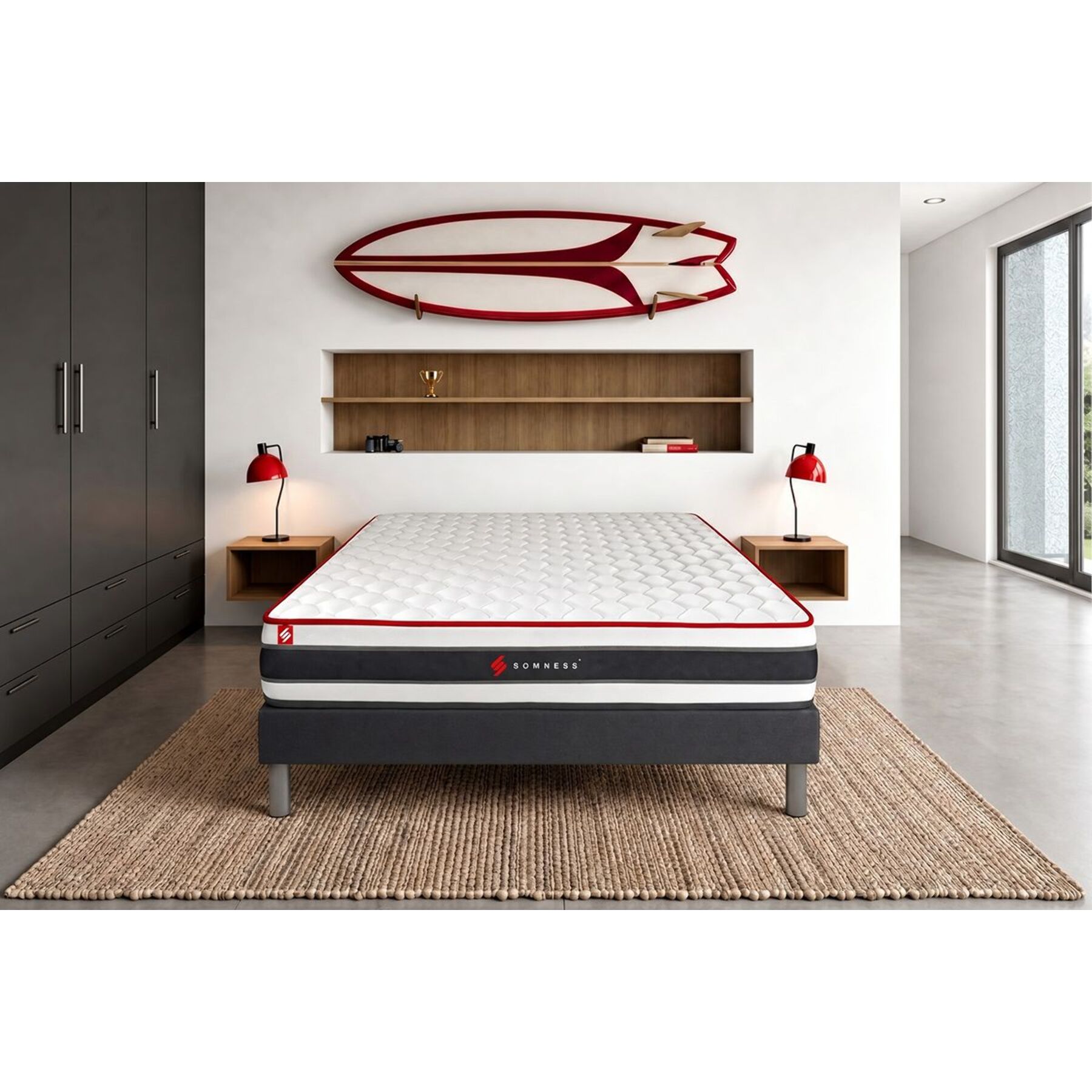 Ensemble - Matelas Ressorts ensachés et mémoire de forme 22cm d'épaisseur - 3 zones de confort - Confort ferme - Sommier tapissier monobloc - 1 place