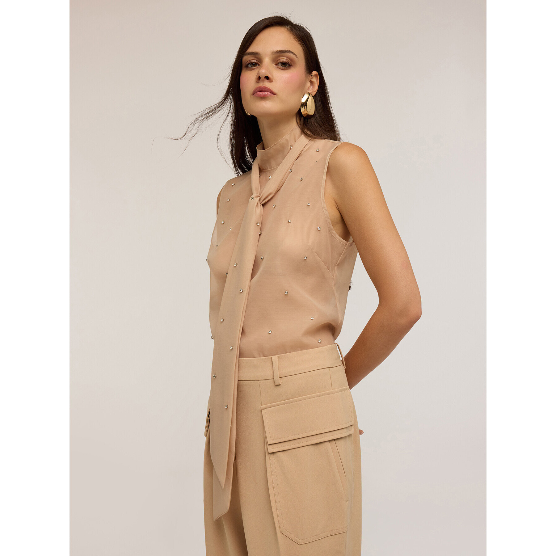 Motivi - Top in organza con ricamo di strass - Beige