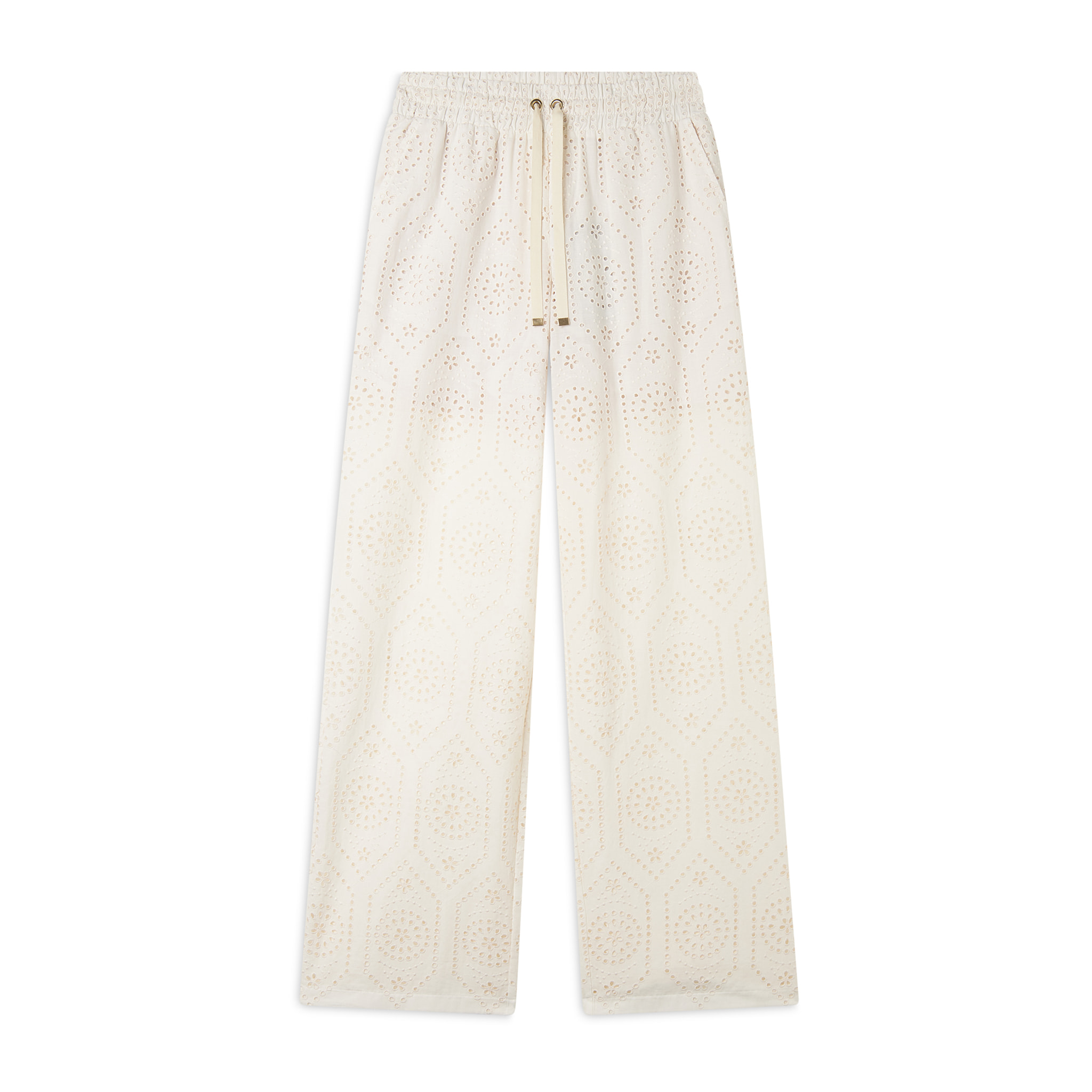 Pantaloni in mussola doppiati in cotone ricamato Sangallo