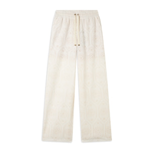 Pantaloni in mussola doppiati in cotone ricamato Sangallo