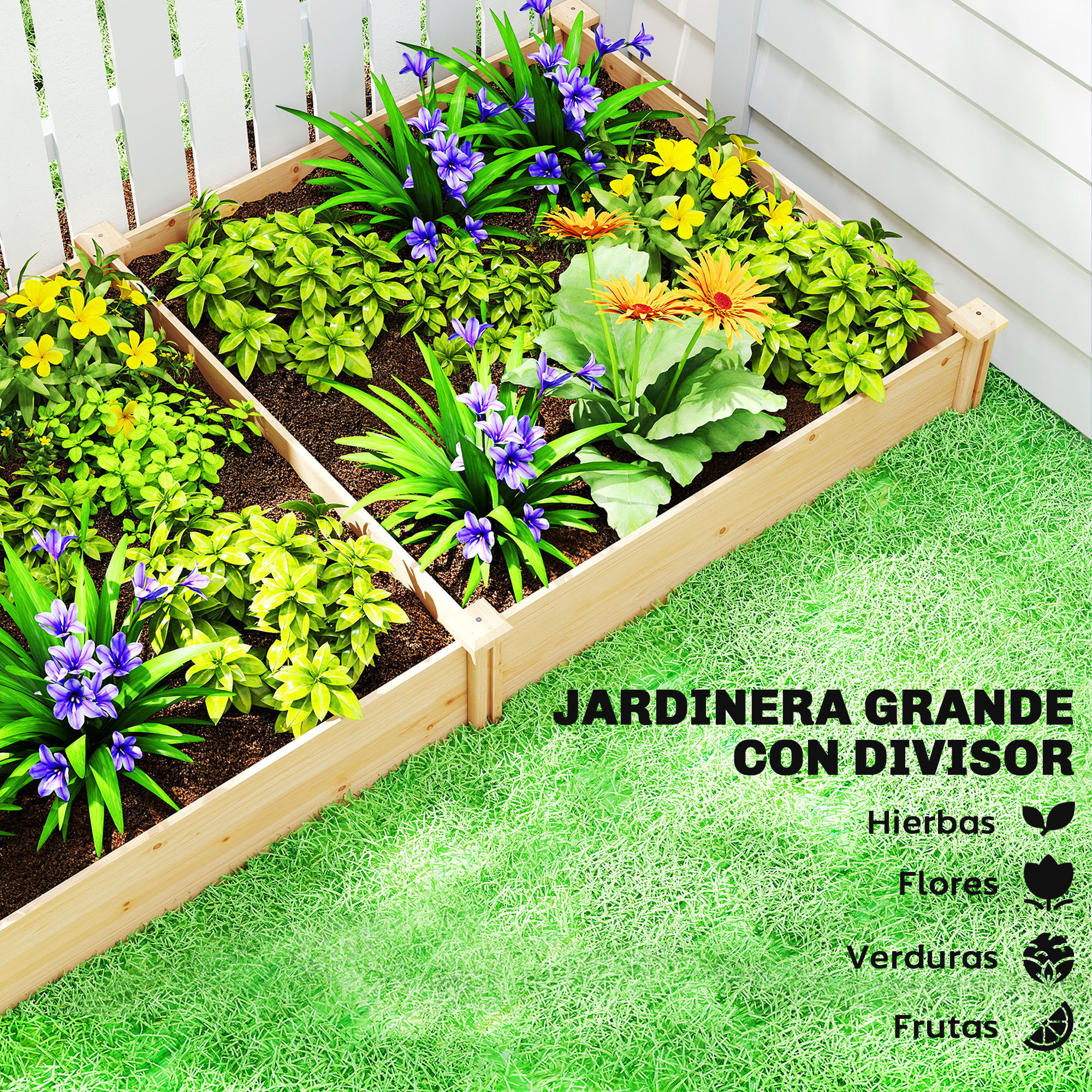 Jardinera Elevada de Madera, Huerto Urbano para Cultivar Plantas, Macetero Exterior con Divisor y Base Abierta, Pintura DIY, para Jardín, Terraza, 235x121x26 cm, Natural