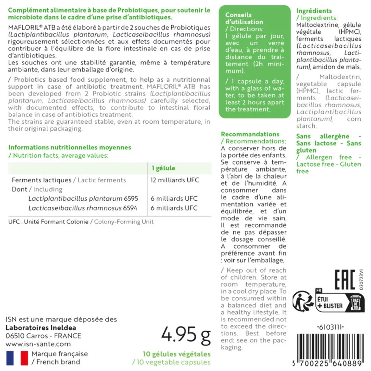 ISN - Mafloril® ATB - Complément alimentaire - 2 souches spécifiques de probiotiques - Soutien nutritionnel en cas de prise d'antibiotiques - Sans Gluten - Cure 10 jours