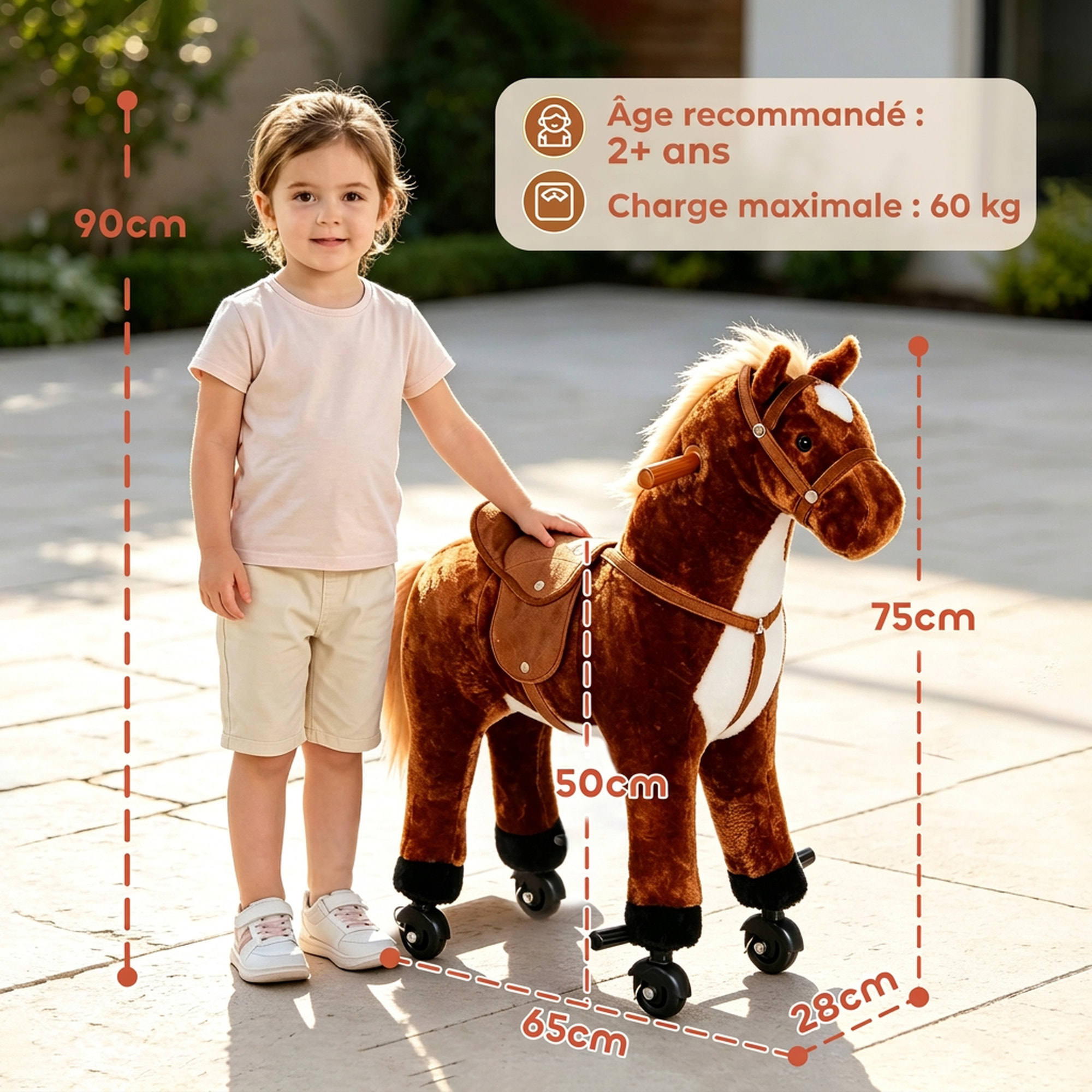 Cheval debout mobile en peluche effets sonores hennissement galop selle marron