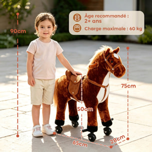 Cheval debout mobile en peluche effets sonores hennissement galop selle marron