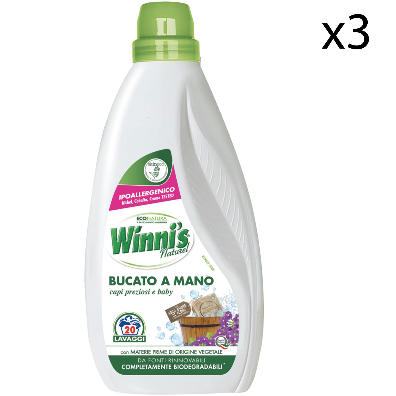 3x Winni's Naturel Bucato a Mano Detersivo Liquido per Capi Delicati con Sapone di Aleppo 20 Lavaggi - 3 Flaconi da 750ml