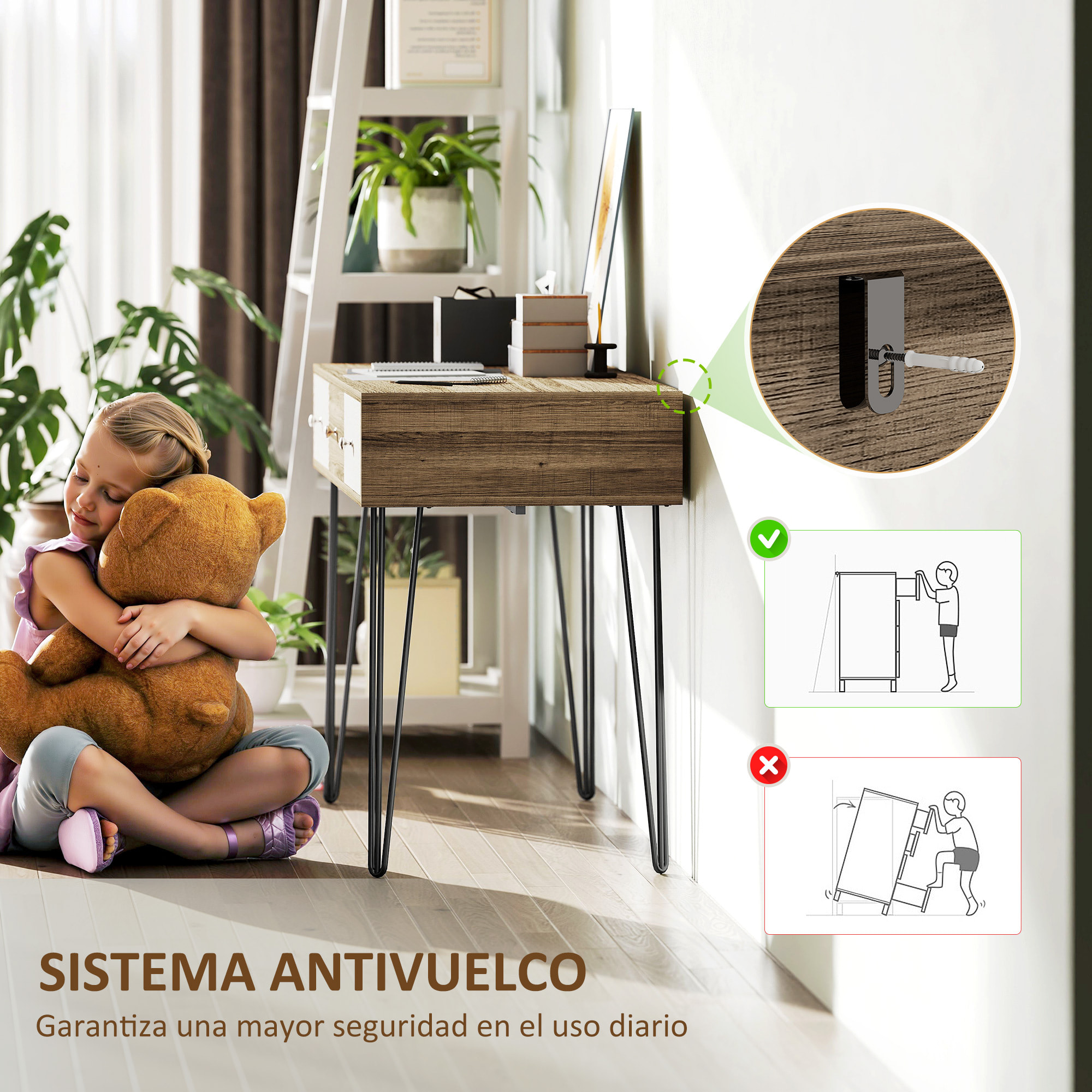 Escritorio Bohemio Mesa de Escritorio con 3 Cajones y Patas Horquilla para Oficina Dormitorio Tocador 105x50x75 cm Madera