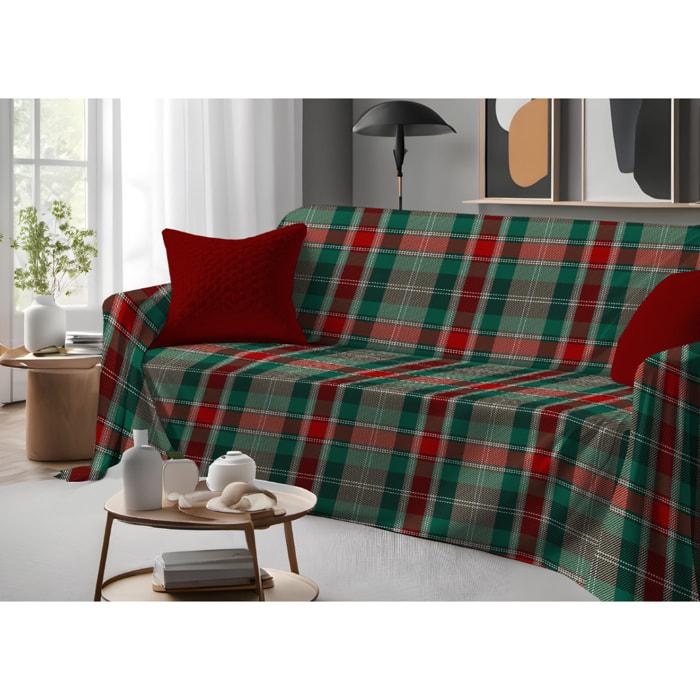 Telo Arredo Copritutto Grandfouldard In 100% Cotone Made In Italy Fantasia Tartan Verde Disegno Snow
