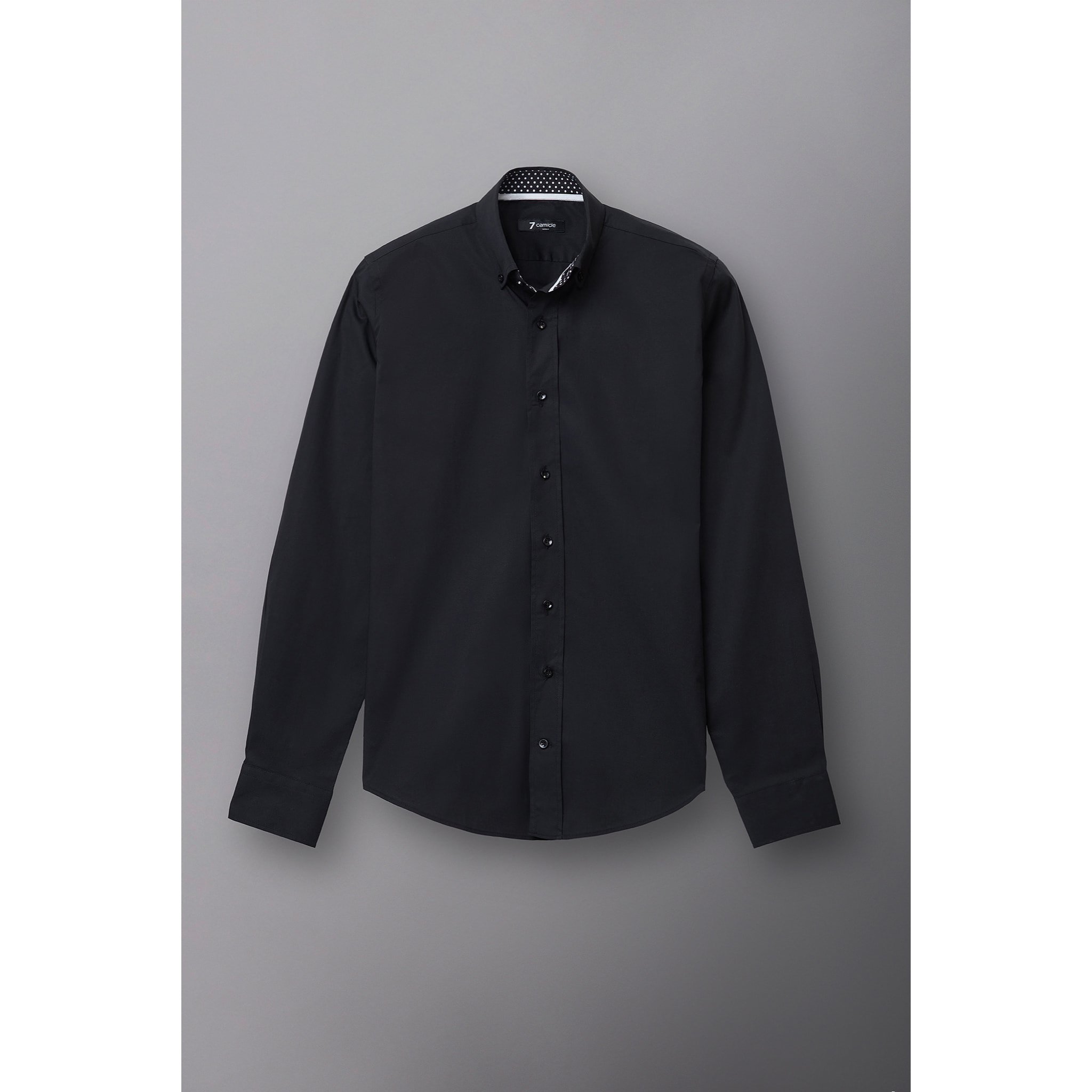 camicia uomo 1 bottone button down slim Popeline Stretch Unito Nero