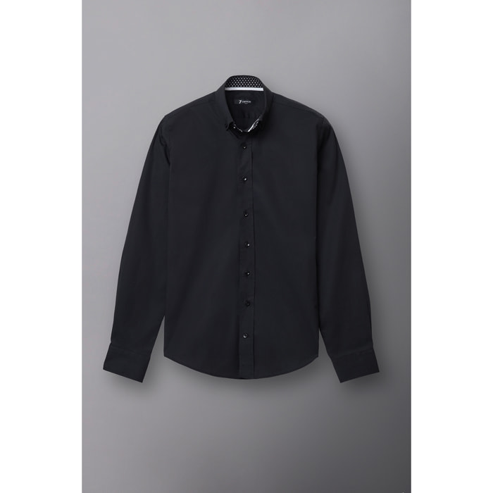camicia uomo 1 bottone button down slim Popeline Stretch Unito Nero