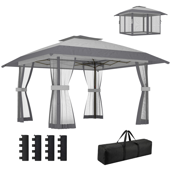 Carpa Plegable 4x4 m, Pop-up, con Doble Techo, 4 Paredes Laterales de Malla, Cenador de Jardín con Altura Ajustable 3 Niveles, Bolsa de Transporte, UPF30+, Gazebo para Camping, Fiestas, Gris
