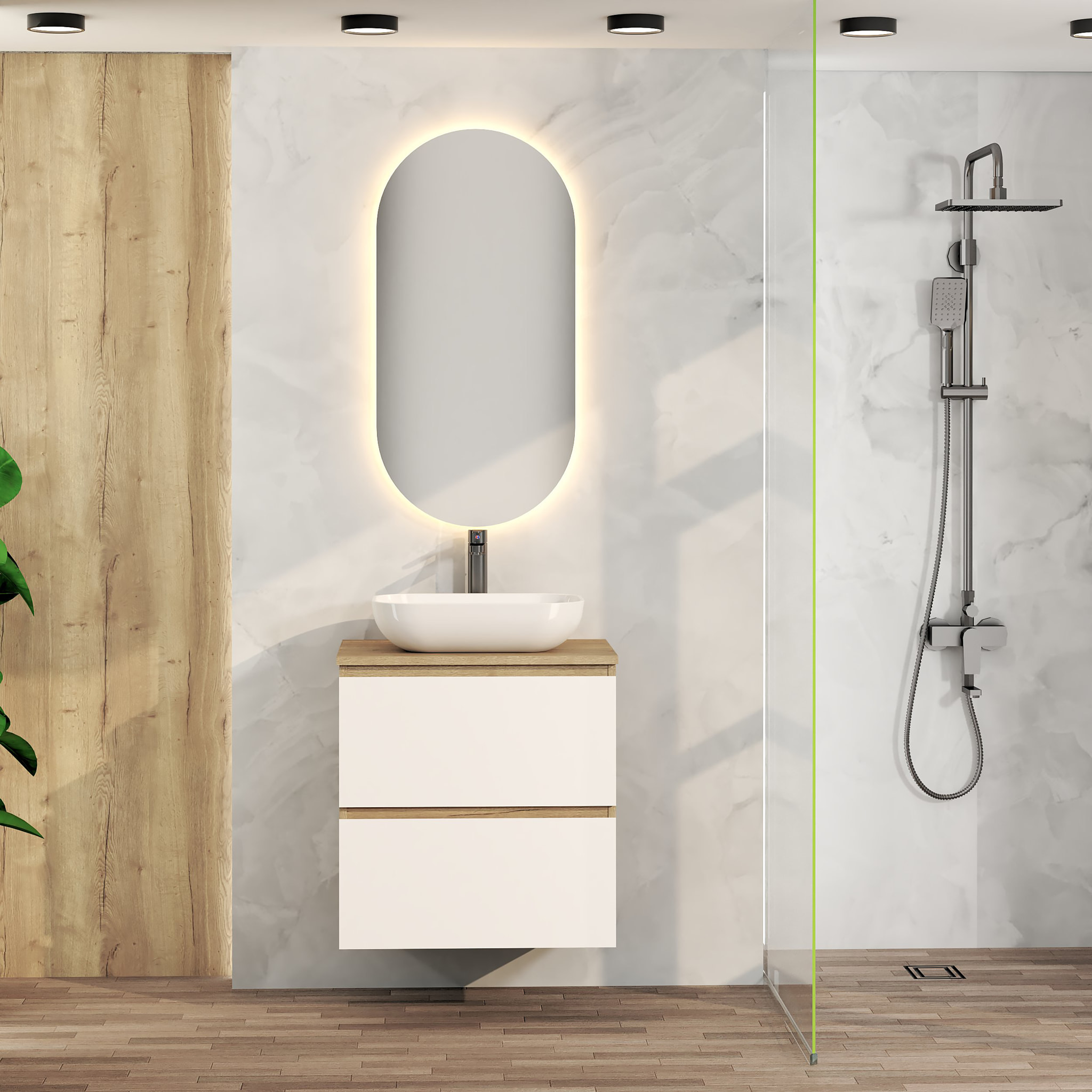Conjunto de Baño Nia | Mueble Suspendido | 60 cm Blanco | Dos Cajones | Lavabo Sobrepuesto | No incluye Espejo | Mueble Montado| Alday
