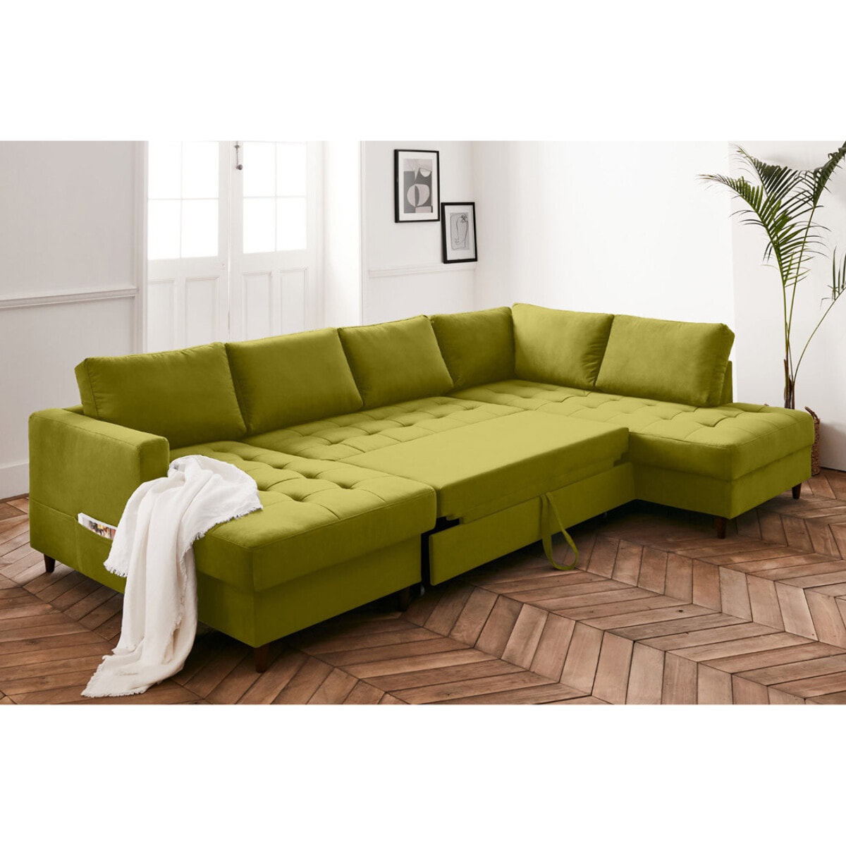 Anna - canapé panoramique d'angle droit - 7 places - convertible avec coffre - en velours - Vert Olive