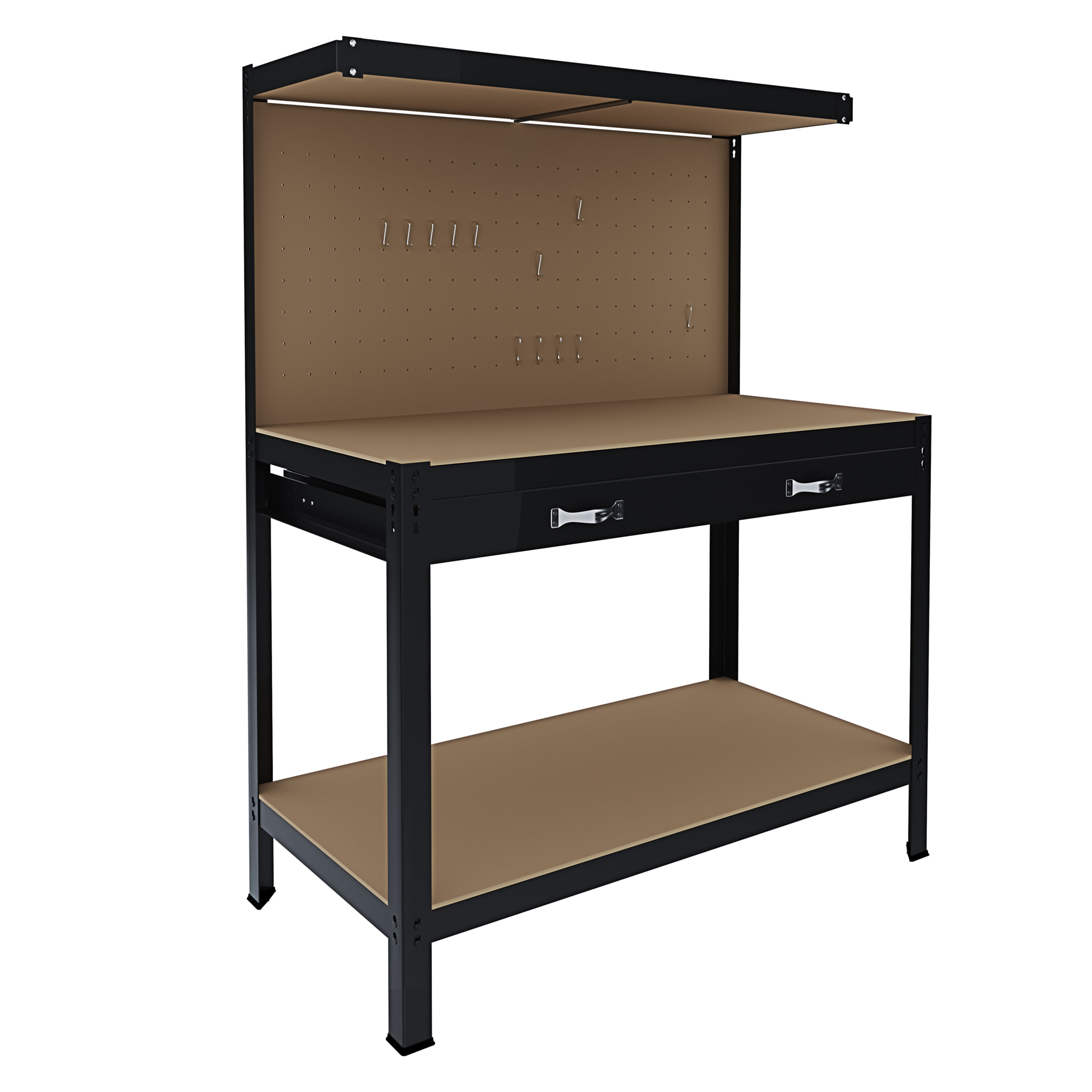 Banco Tavolo Da Lavoro 3 Livelli 120 x 60 Cm Max 370 Kg Cassetto Parete Pannello Forato Porta Attrezzi Utensili Garage Officina Cantina Magazzino Nero