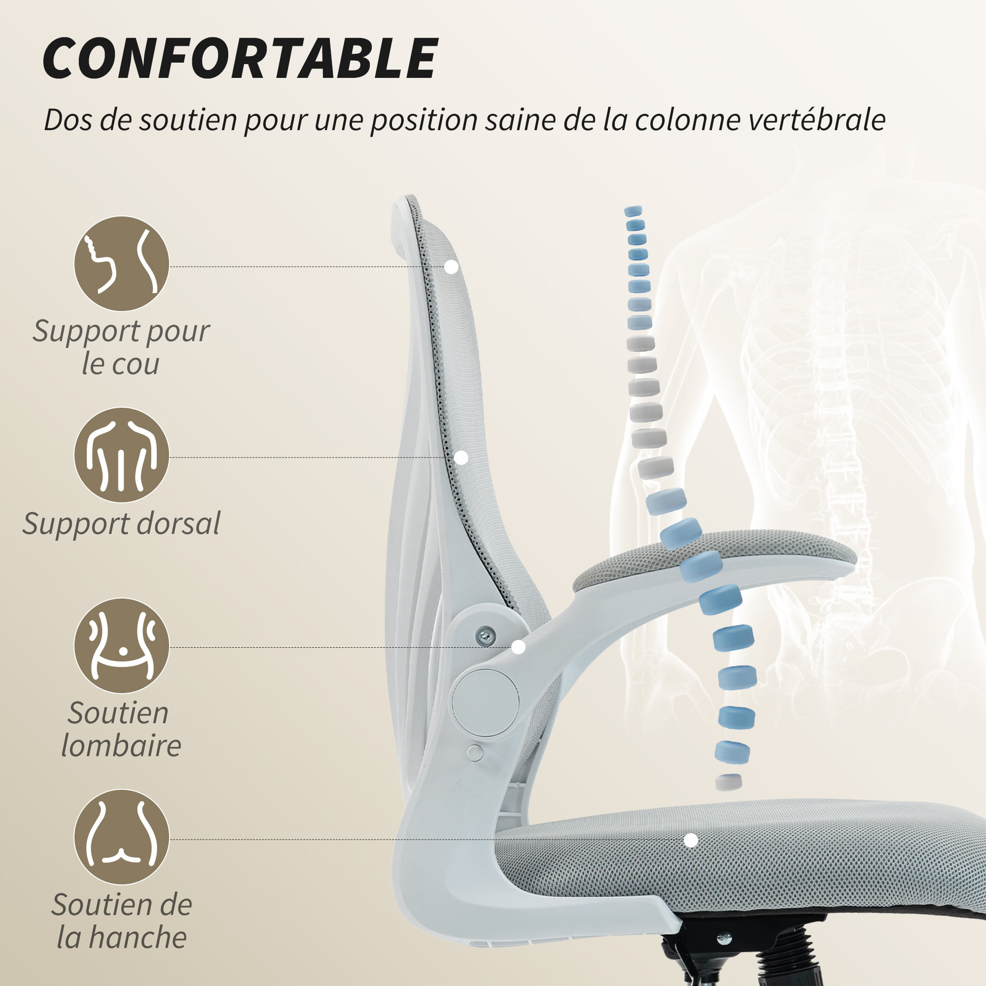 Chaise de bureau ergonomique accoudoirs relevables dossier rabattable gris clair