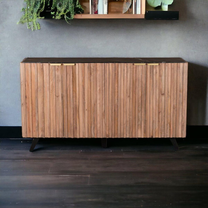 Credenza in legno di mango con maniglie e top in marmo scuro 164x42x90 cm