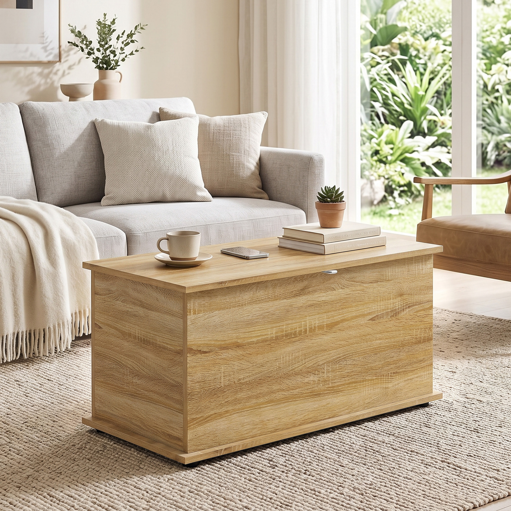 HOMCOM Baúl de Almacenaje 102L, Banco de Almacenaje, Banco Zapatero con Bisagra de Seguridad, Estilo Moderno, para Pasillo, Dormitorio, Recibidor, Salón, 80x40x45 cm, Roble