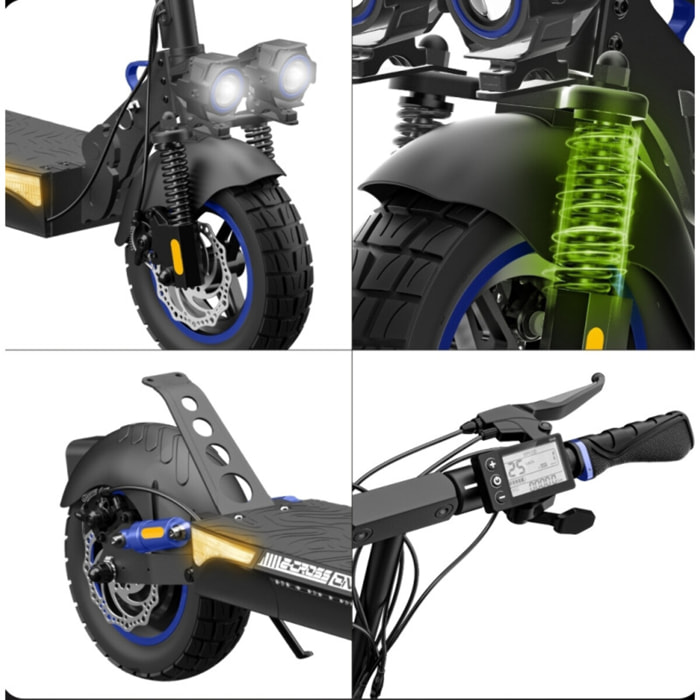 Trottinette électrique adulte UrbanGlide eCross One Bleu – Autonomie 50 km, vitesse 25 km/h, suspensions avant et arrière doubles