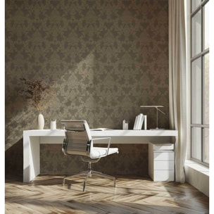 Papier peint baroque médaillon bronze fond taupe