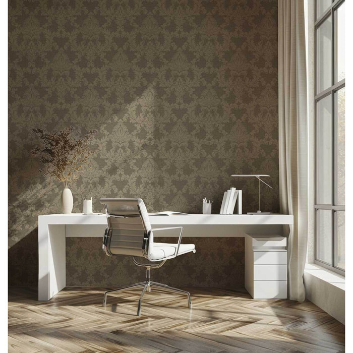 Papier peint baroque médaillon bronze fond taupe