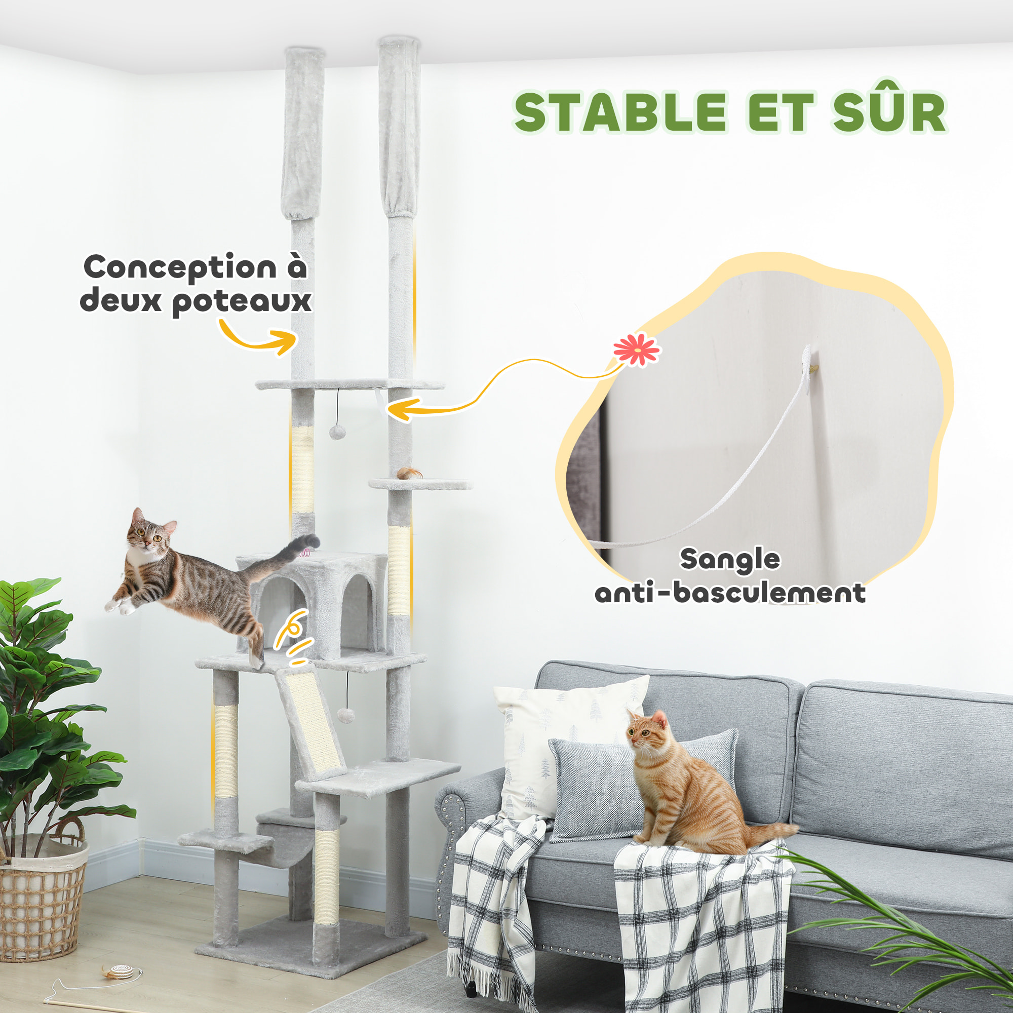 Arbre à chat du sol au plafond XXL, hauteur réglable 225-255 cm, griffoir pour chat en sisal à 6 niveaux avec niche, hamac, plates-formes, échelle et 2 pompons suspendues, gris clair