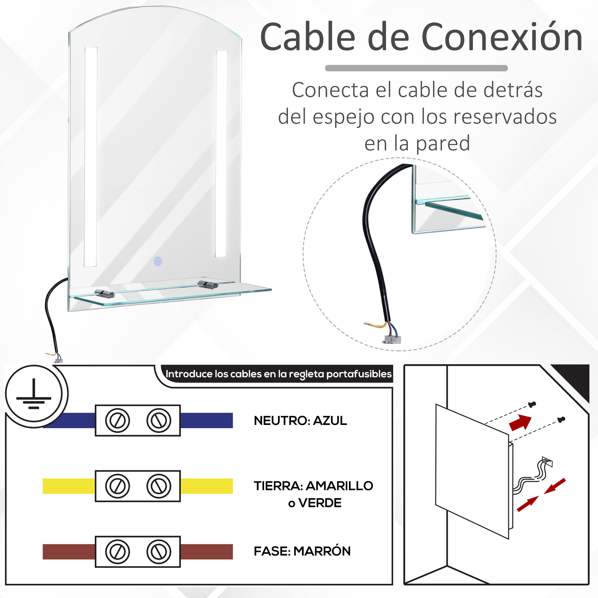 Espejo de Baño con Luz LED 16W Interruptor Táctil Estante Aluminio 50x15,1x70cm