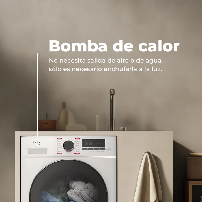 EVVO Secadora 8 kg bomba de calor S8, Clase energética D, Airfresh, Sensor de humedad, Antiarrugas, Inicio diferido, inox