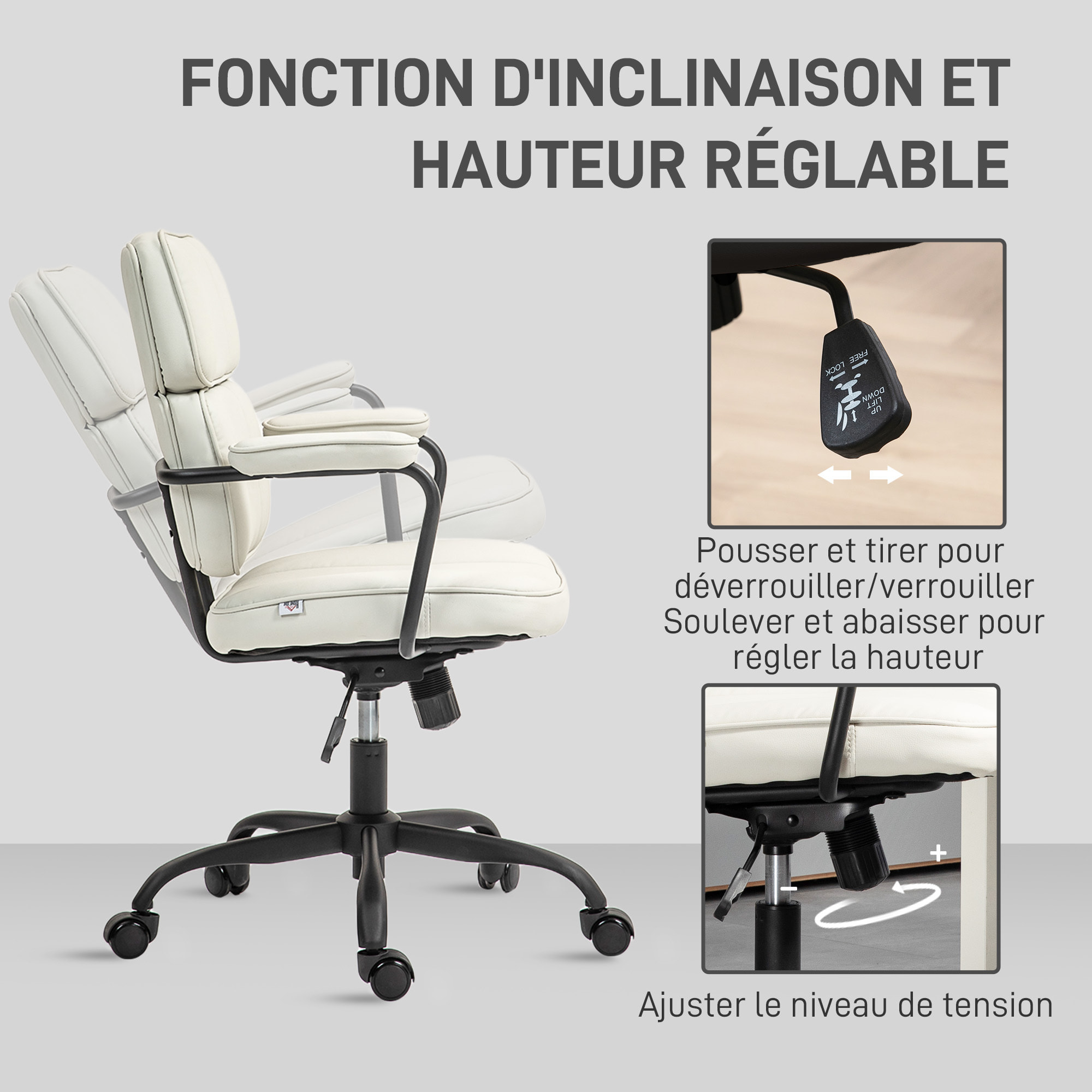 Chaise de bureau design néo-rétro - double dossier accoudoirs rembourrés - acier noir synthétique crème