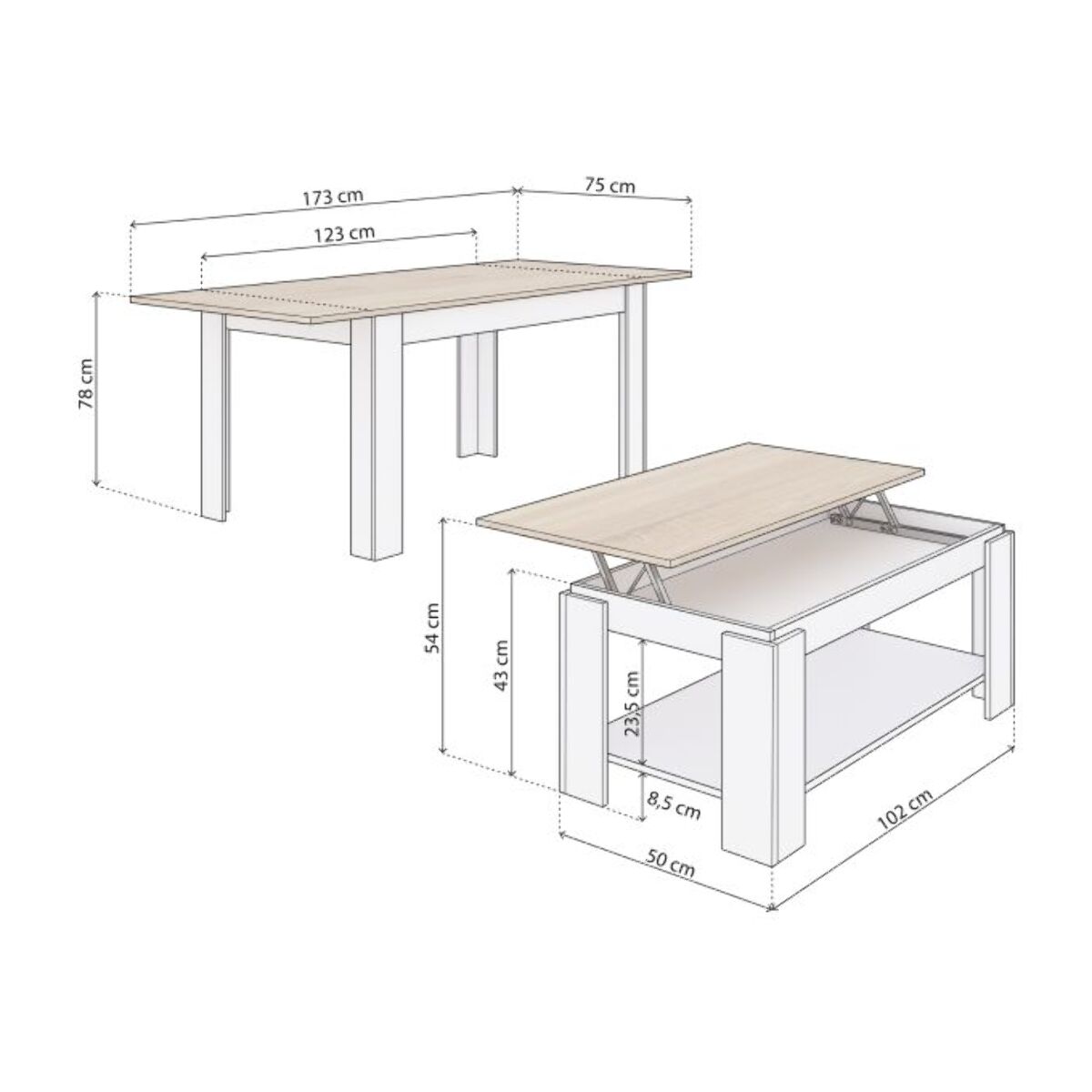 Pack mesa de comedor 123 y mesa de centro Lya Blanco Artik (Blanco Mate) - Roble Canadian