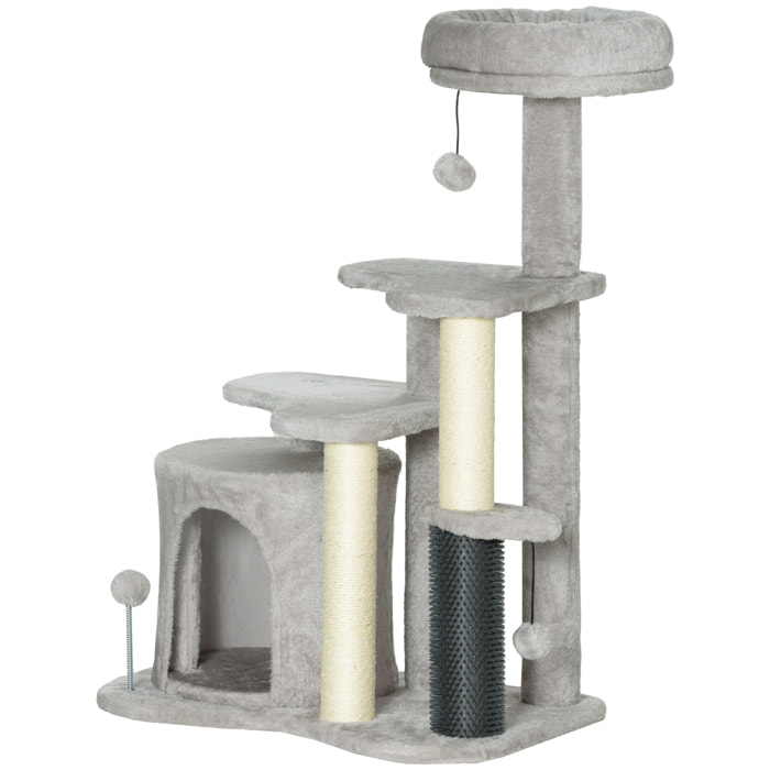 Arbre à chat H.87 cm 3 niv. - griffoirs, niche, bande massante, tour observation, boules - gris clair