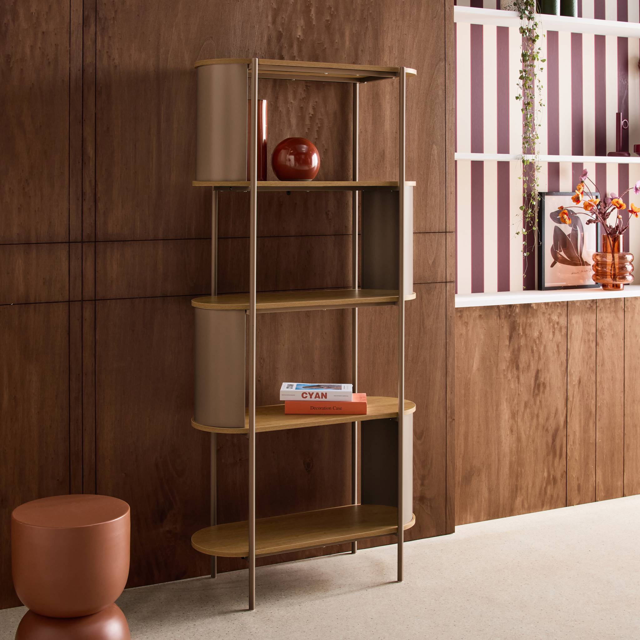 Etagère bibliothèque métal courbé et décor bois 5 niveaux MOLTO