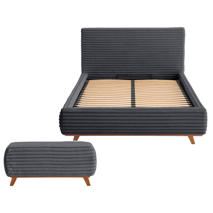 Cristal - lit coffre avec bout de lit - 140x200 - sommier inclus - fausse fourrure côtelée - Gris Anthracite