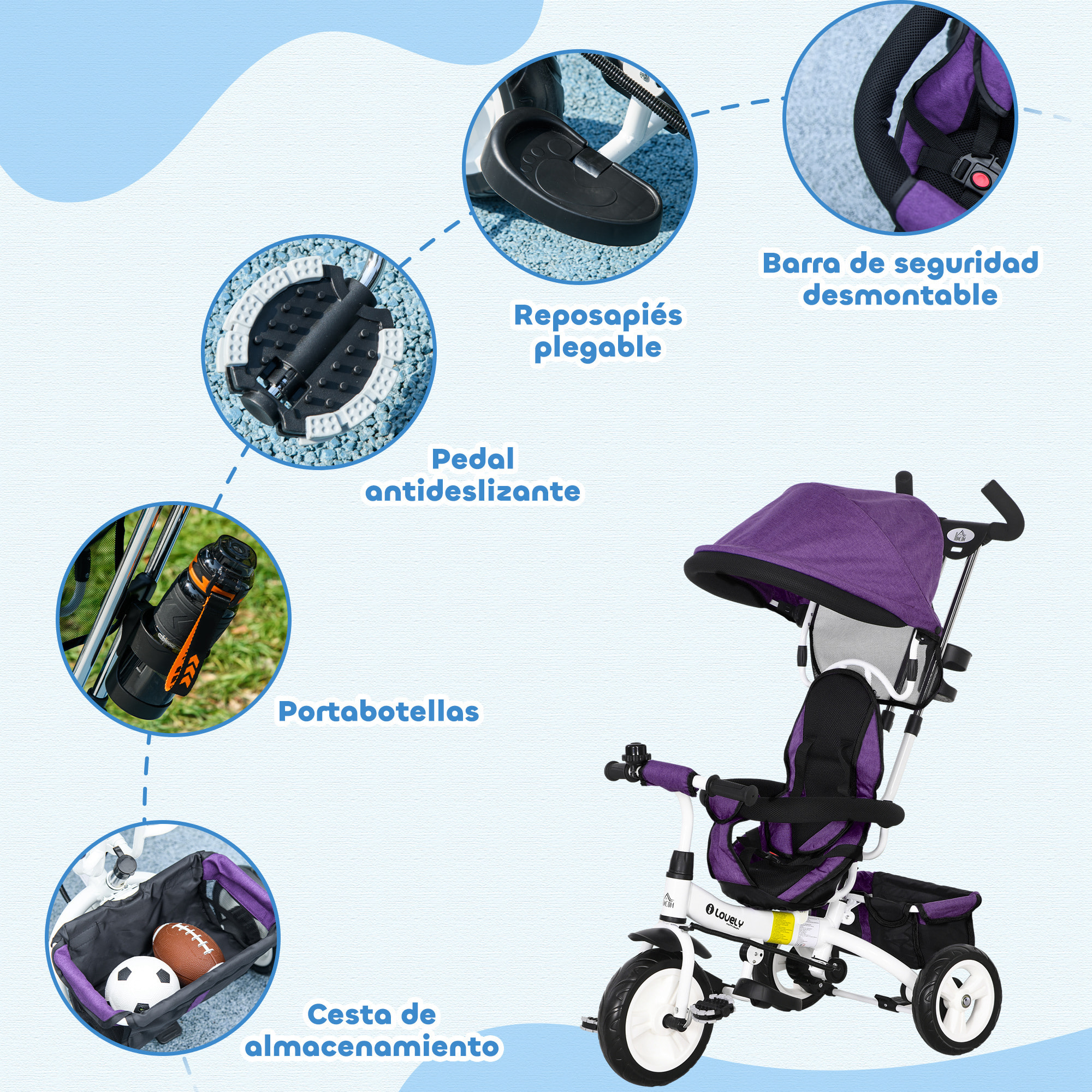 Triciclo Evolutivo para Bebés 6 en 1 Triciclo para Niños de 1-5 Años Bicicleta para Niños con Toldo Plegable Mango Telescópico Desmontable Cinturón de Seguridad y Cesto 95x50x106 cm Violeta