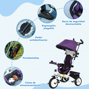 Triciclo Evolutivo para Bebés 6 en 1 Triciclo para Niños de 1-5 Años Bicicleta para Niños con Toldo Plegable Mango Telescópico Desmontable Cinturón de Seguridad y Cesto 95x50x106 cm Violeta