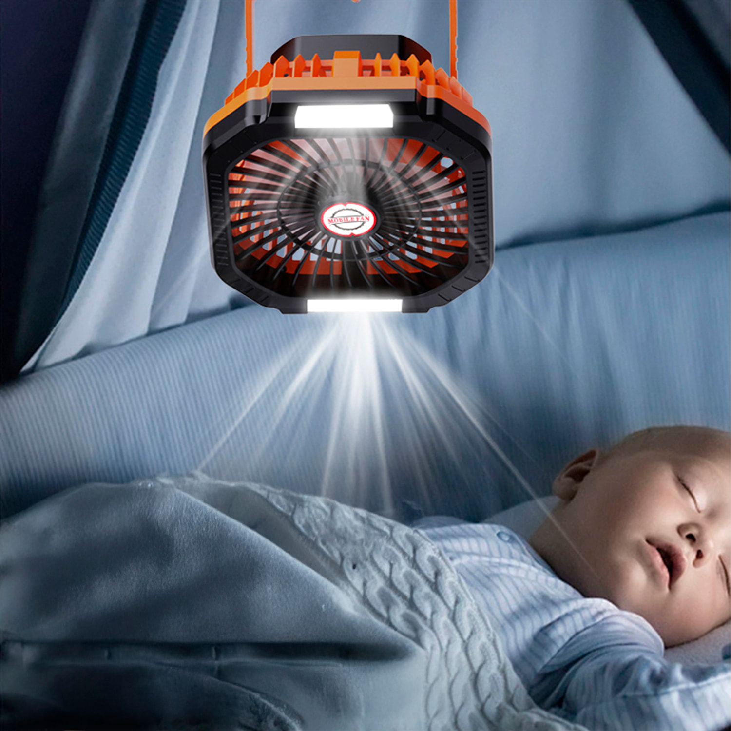 Ventilador P10 con motor sin escobillas, LED con 16 luces, 4 velocidades, 3 niveles de luz y 3 temporizadores. Incluye mando y powerbank de 7800 mAh.