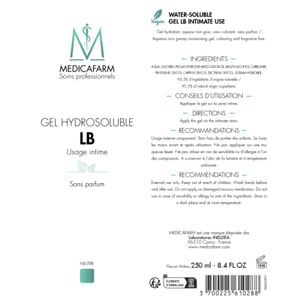 MEDICAFARM - Gel hydrosoluble - Usage intime - Gel aqueux non gras - Sans Parfum, Sans colorant - PH Neutre - 250ml