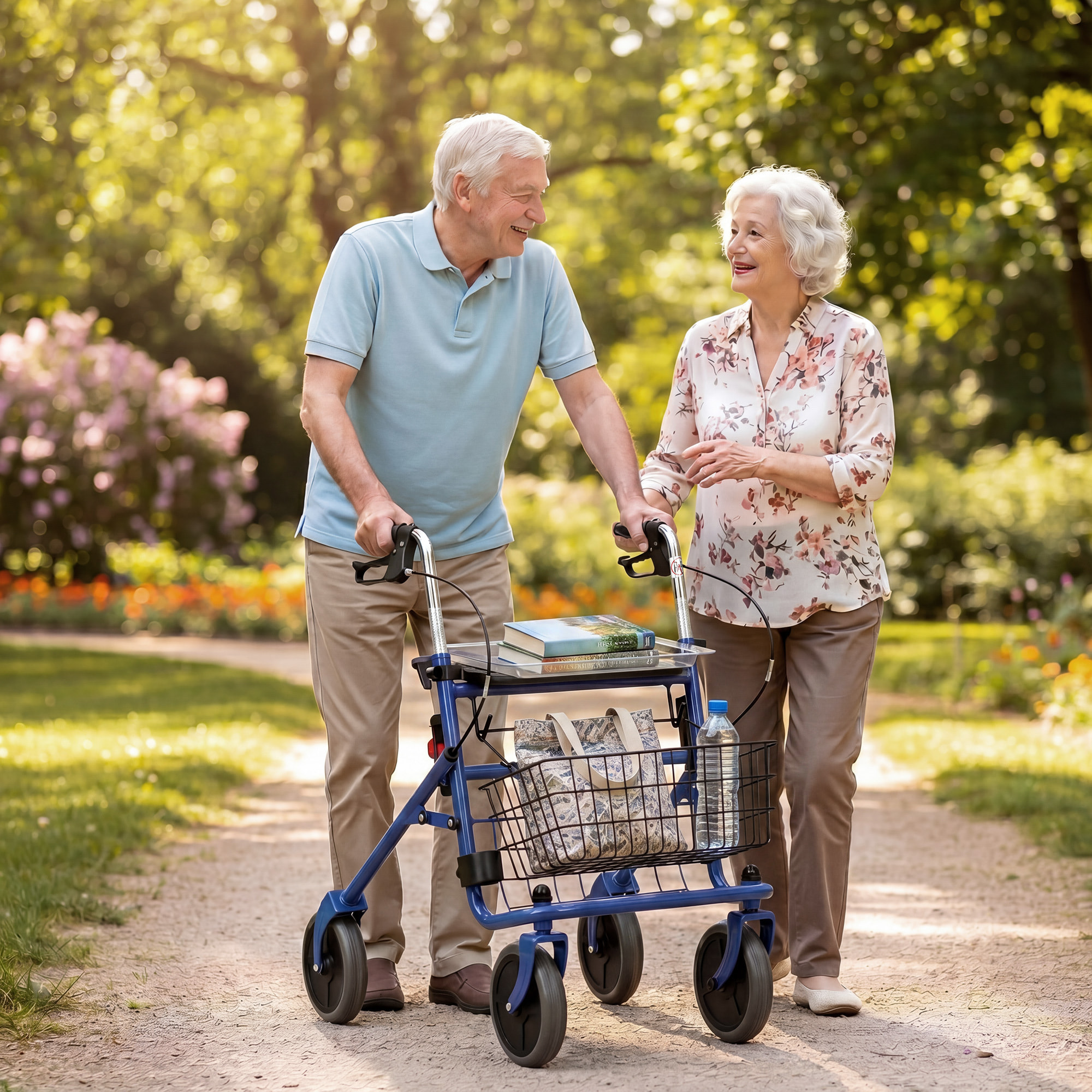 Andador para Ancianos Plegable, Andadores Adultos para Personas Mayores con Asiento y 4 Ruedas Altura Ajustable Frenos de Maneta Cesta Bandeja y Porta Bastón Azul